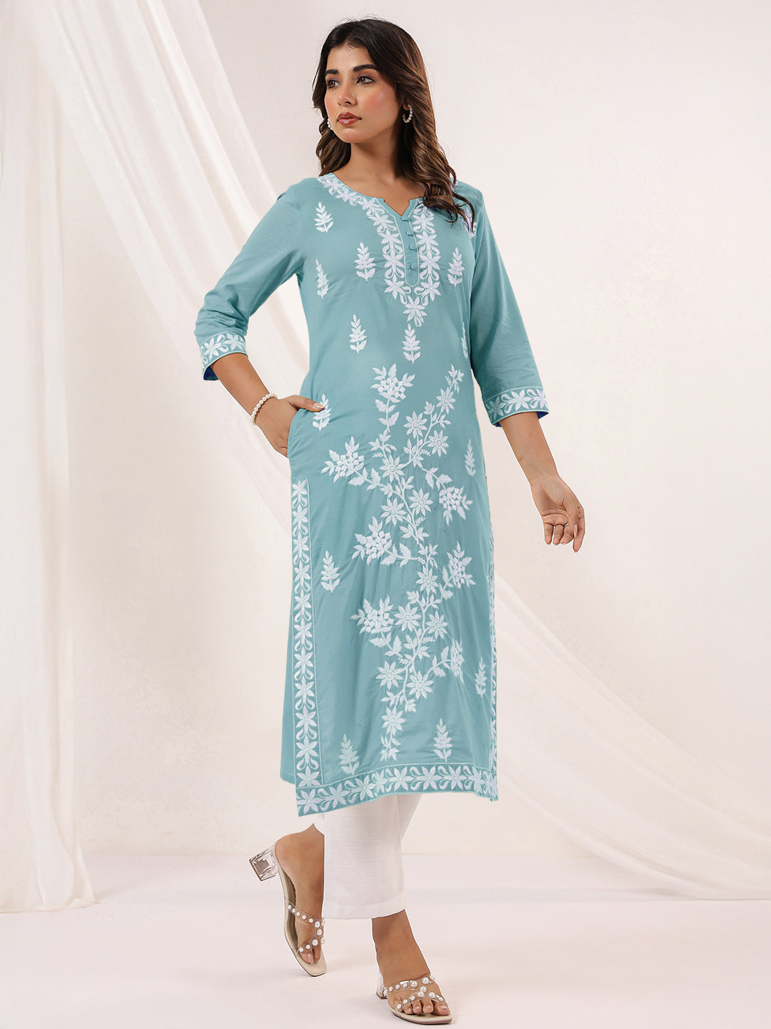 Janasya Women's Light Blue Pure Cotton Embroidered Straight Kurta - qivii