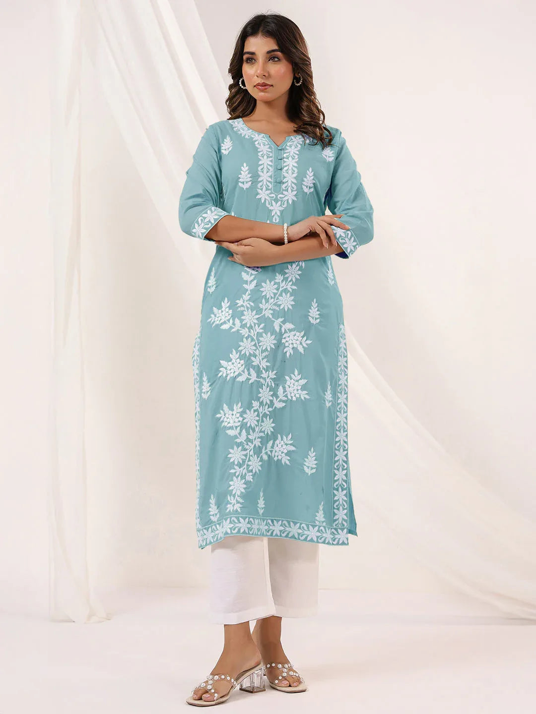 Janasya Women's Light Blue Pure Cotton Embroidered Straight Kurta