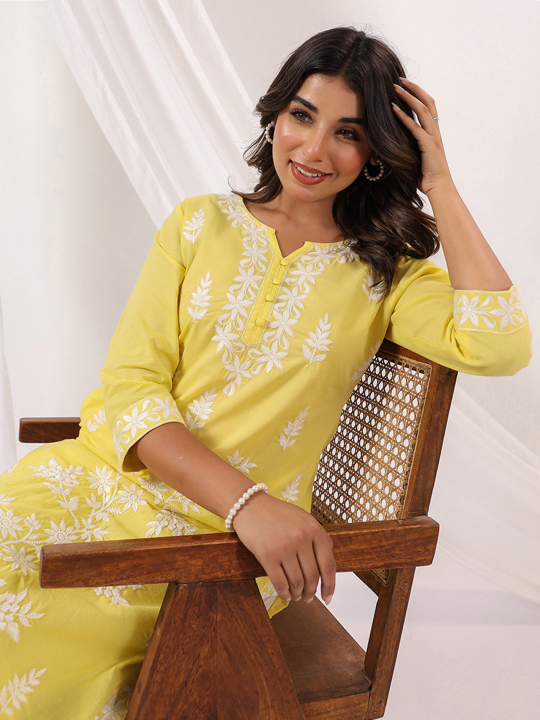 Janasya Women's Yellow Pure Cotton Embroidered Straight Kurta - qivii