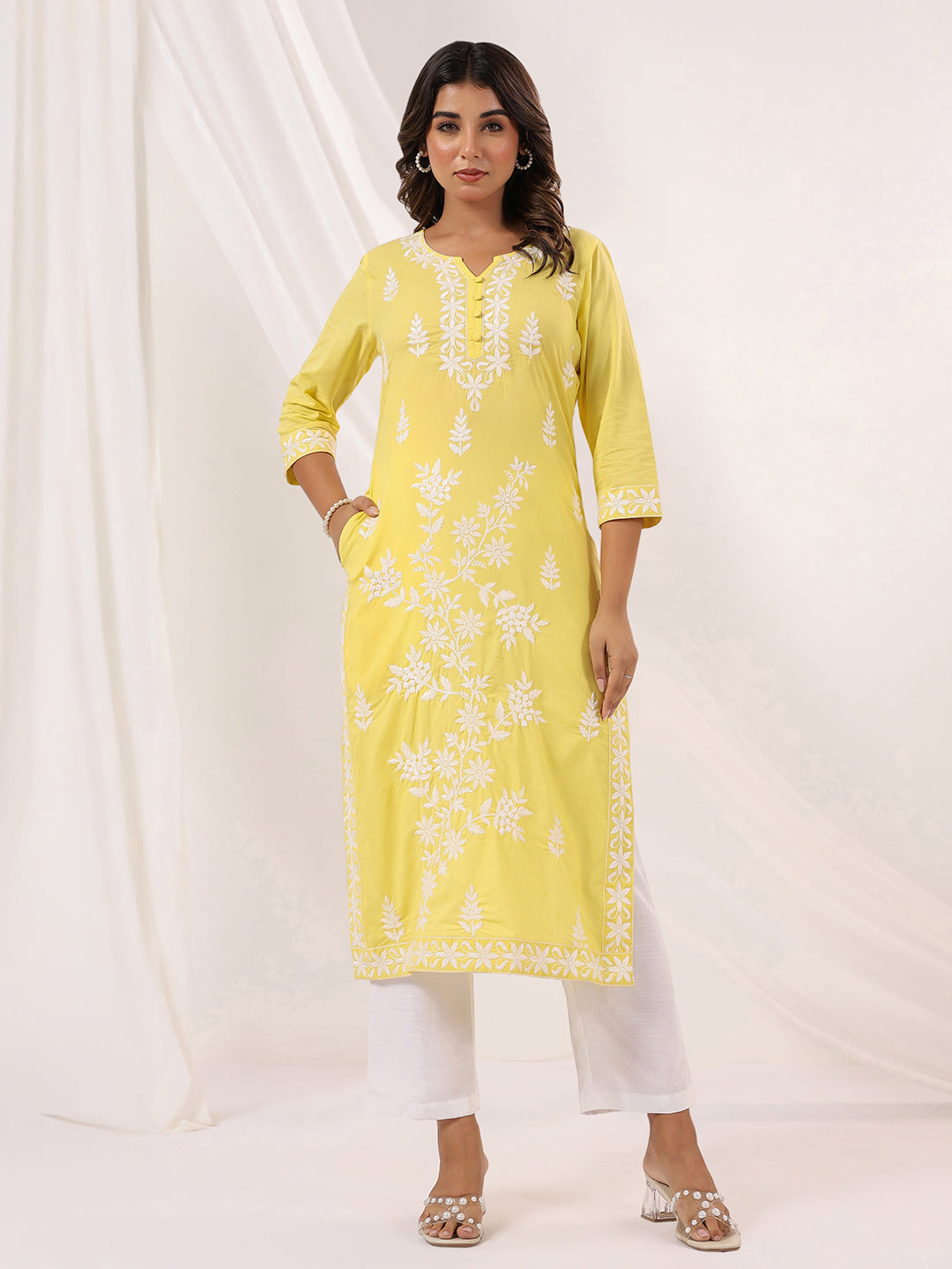 Janasya Women's Yellow Pure Cotton Embroidered Straight Kurta - qivii