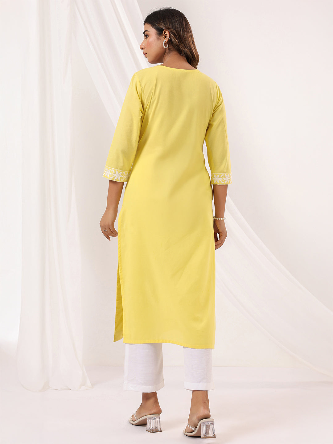 Janasya Women's Yellow Pure Cotton Embroidered Straight Kurta - qivii