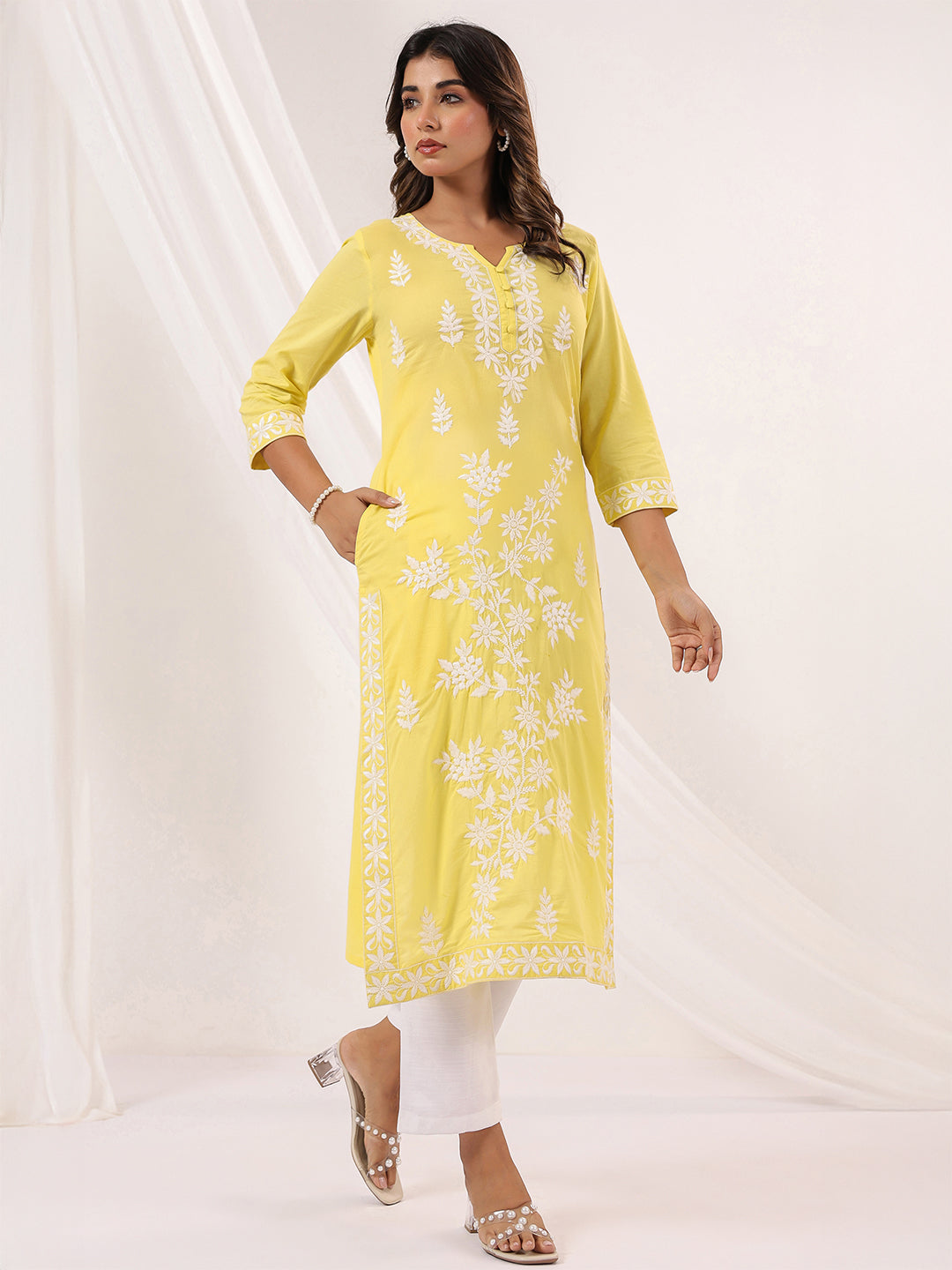 Janasya Women's Yellow Pure Cotton Embroidered Straight Kurta - qivii
