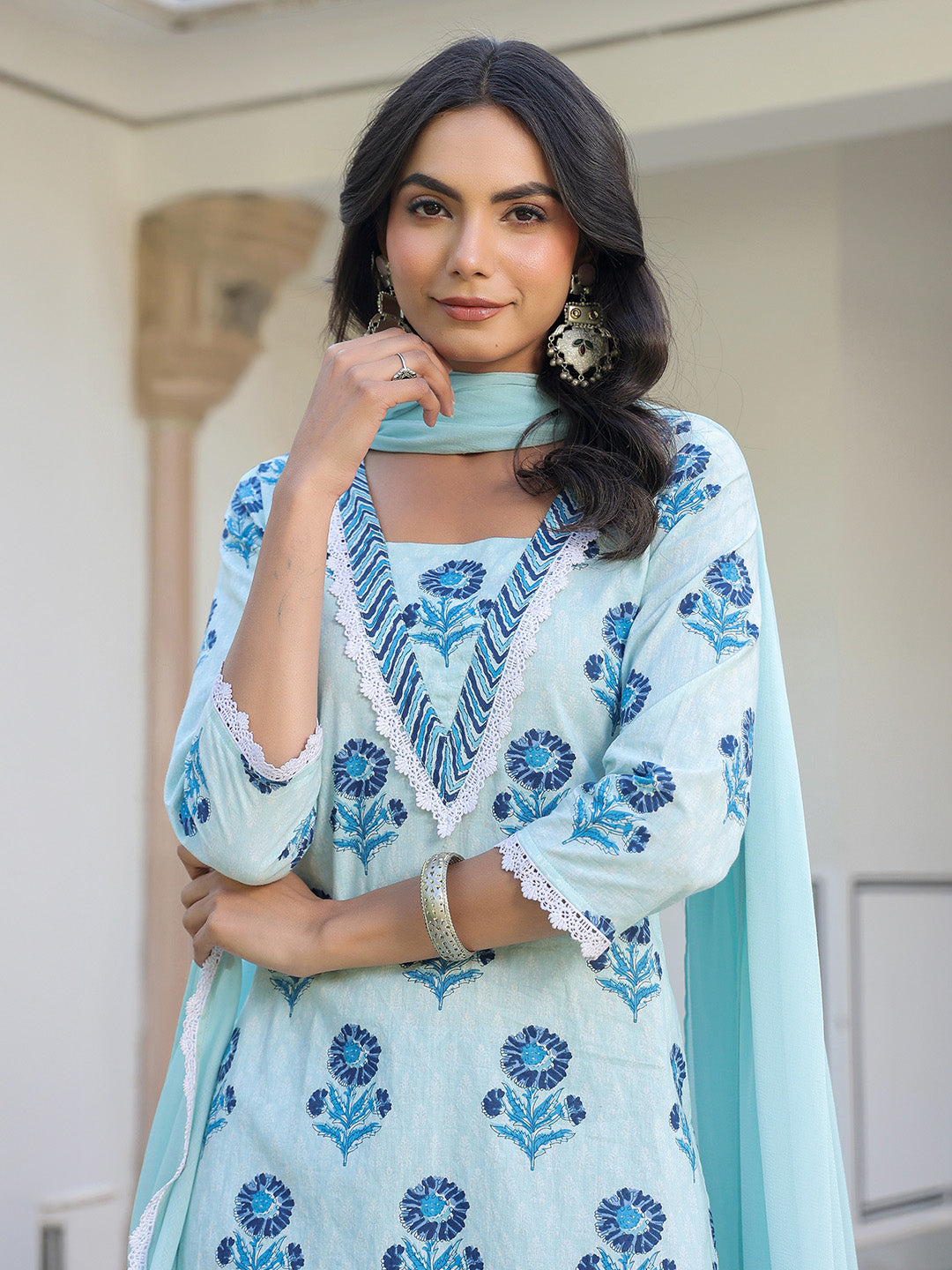 Blue Pure Cotton Floral Printed Straight Kurta Set - qivii