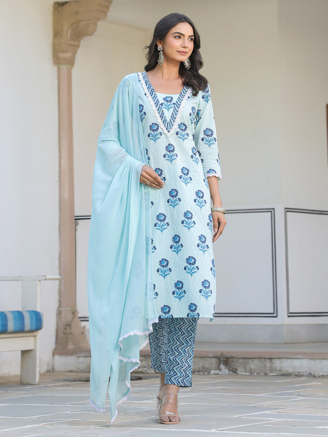 Blue Pure Cotton Floral Printed Straight Kurta Set - qivii