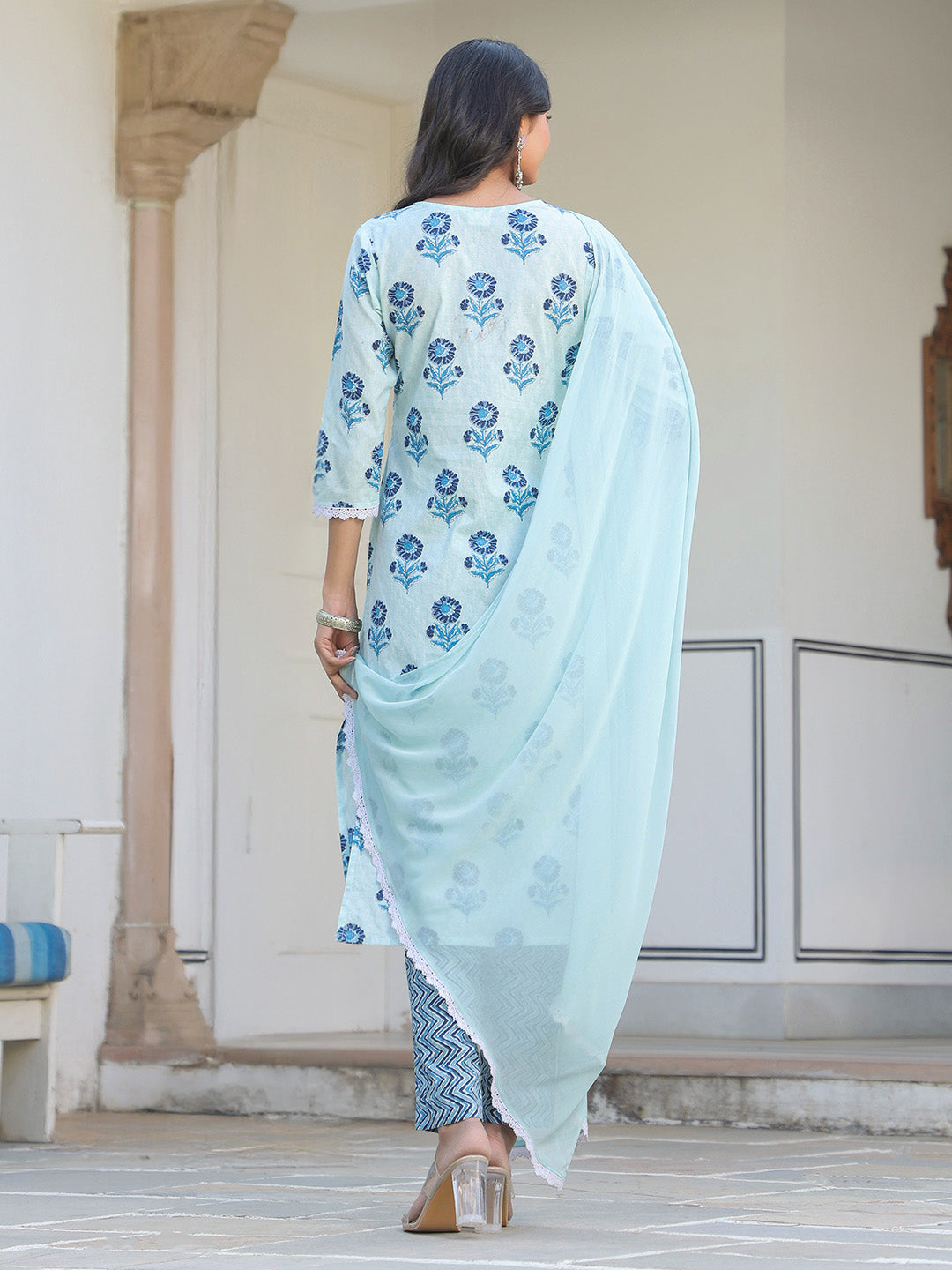Blue Pure Cotton Floral Printed Straight Kurta Set - qivii