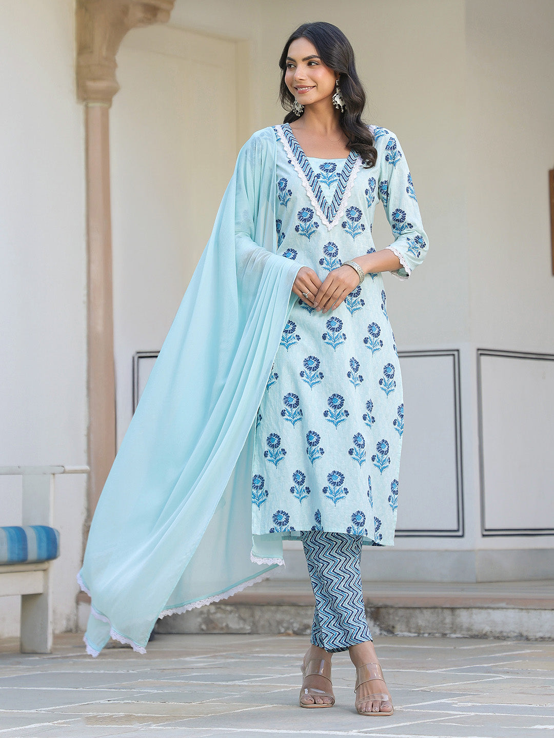 Blue Pure Cotton Floral Printed Straight Kurta Set - qivii