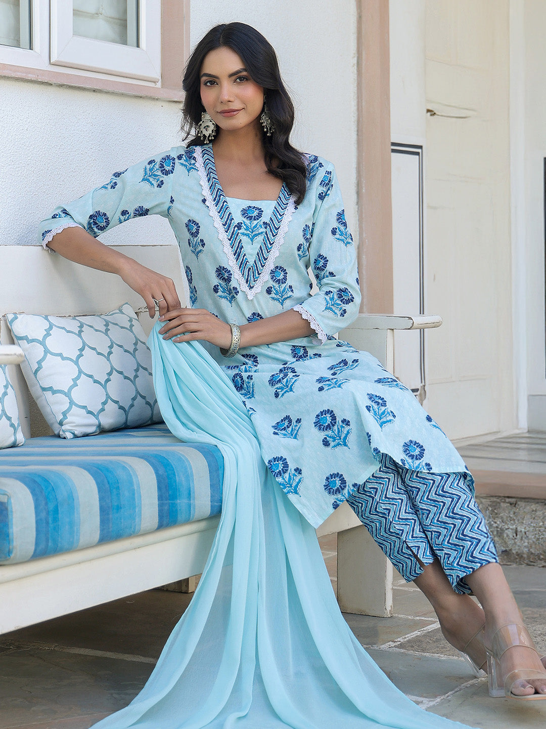 Blue Pure Cotton Floral Printed Straight Kurta Set - qivii