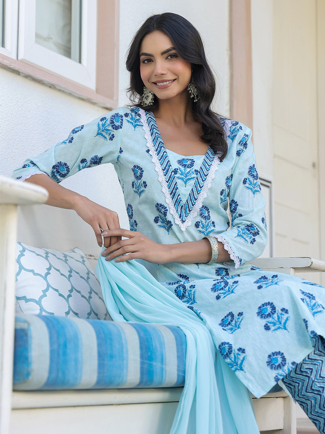Blue Pure Cotton Floral Printed Straight Kurta Set - qivii