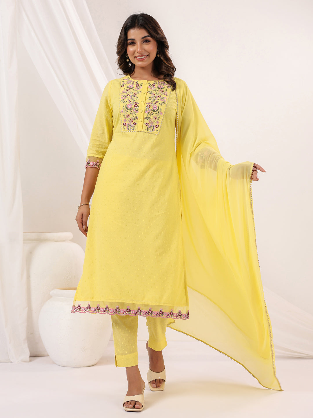 Janasya Women's Yellow Dobby Pure Cotton Embroidered Straight Kurta Set - qivii