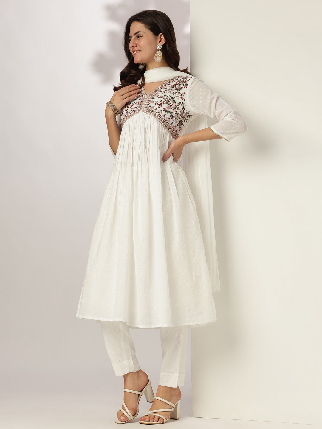 Janasya Women's White Dobby Pure Cotton Embroidered A-line Kurta Set - qivii