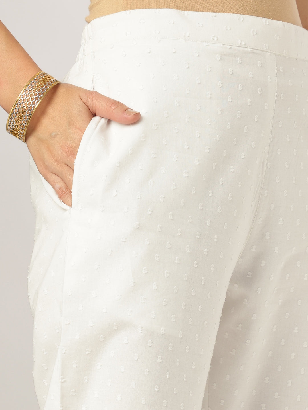 Janasya Women's White Dobby Pure Cotton Embroidered A-line Kurta Set - qivii