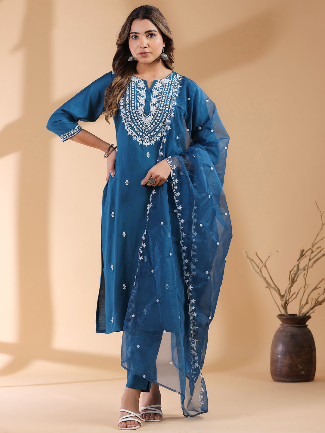 Teal Blue Silk Blend Embroidered Straight Kurta Set - qivii