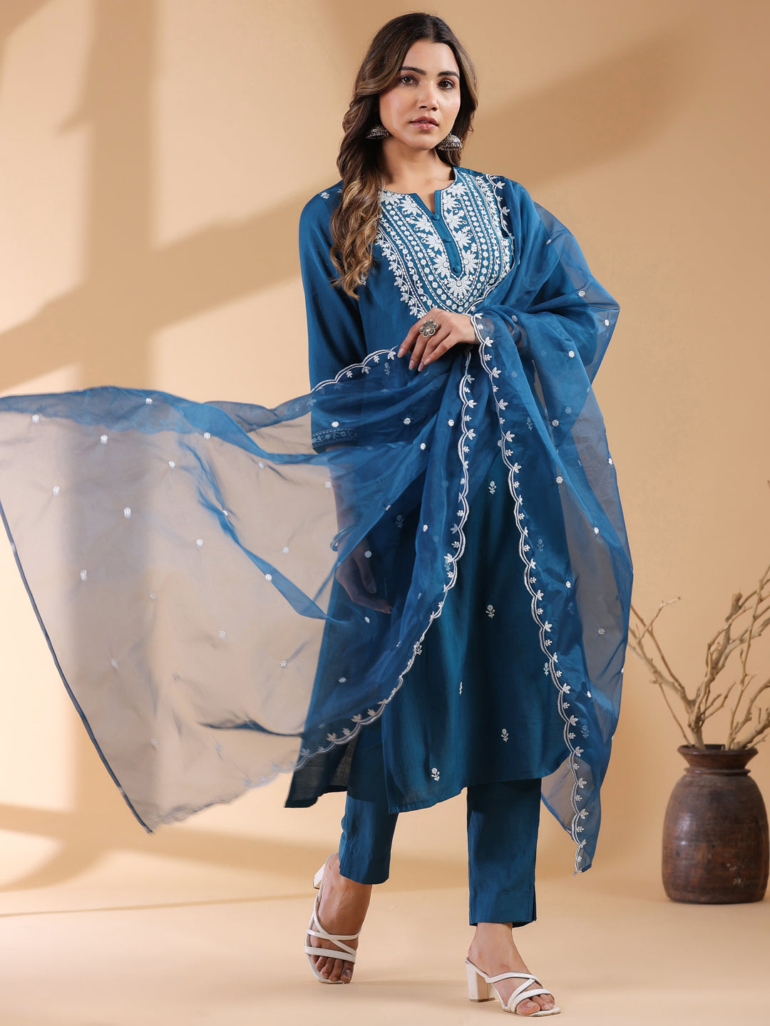 Teal Blue Silk Blend Embroidered Straight Kurta Set - qivii