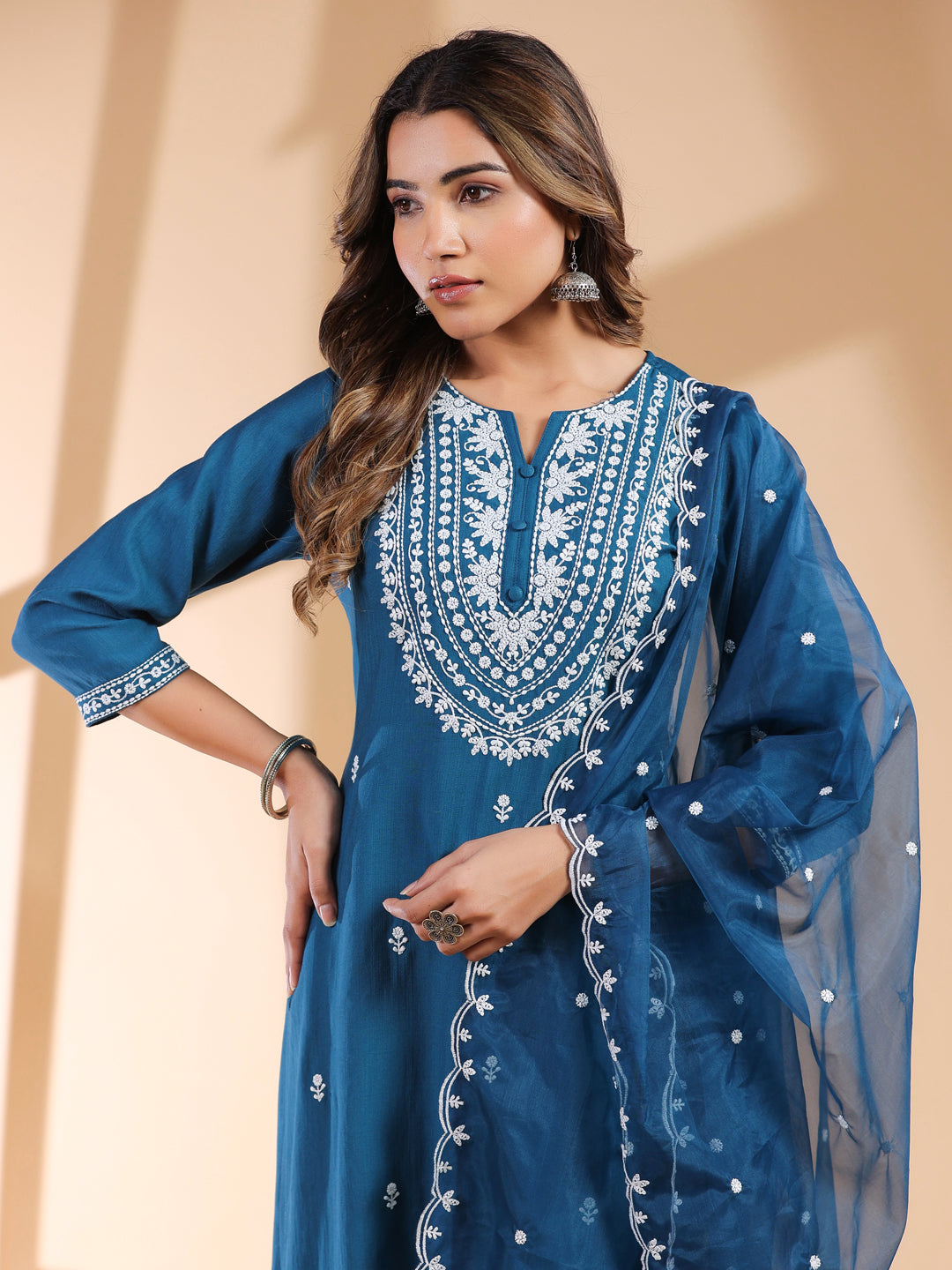 Teal Blue Silk Blend Embroidered Straight Kurta Set - qivii