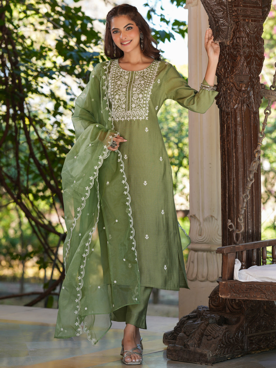 Sage Green Silk Blend Embroidered Straight Kurta Set - qivii