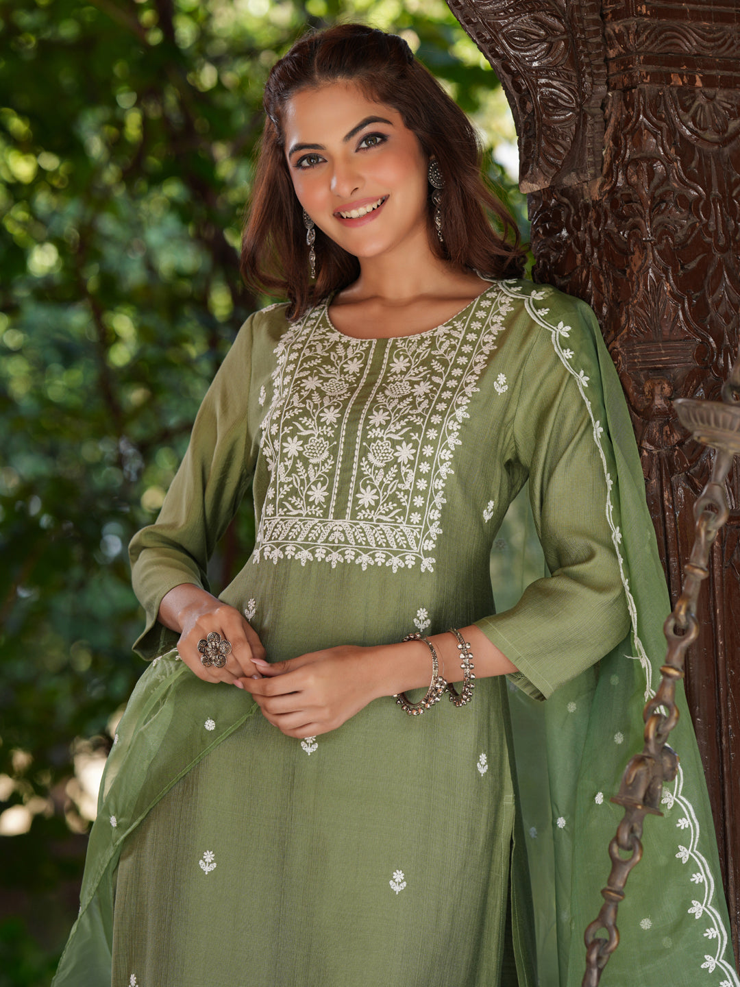 Sage Green Silk Blend Embroidered Straight Kurta Set - qivii