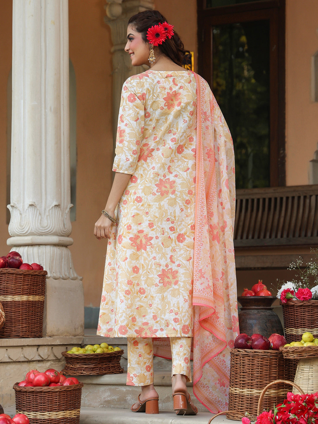 Janasya Women's Cream Pure Cotton Floral Printed Yoke Embroidered A-line Kurta Set - qivii