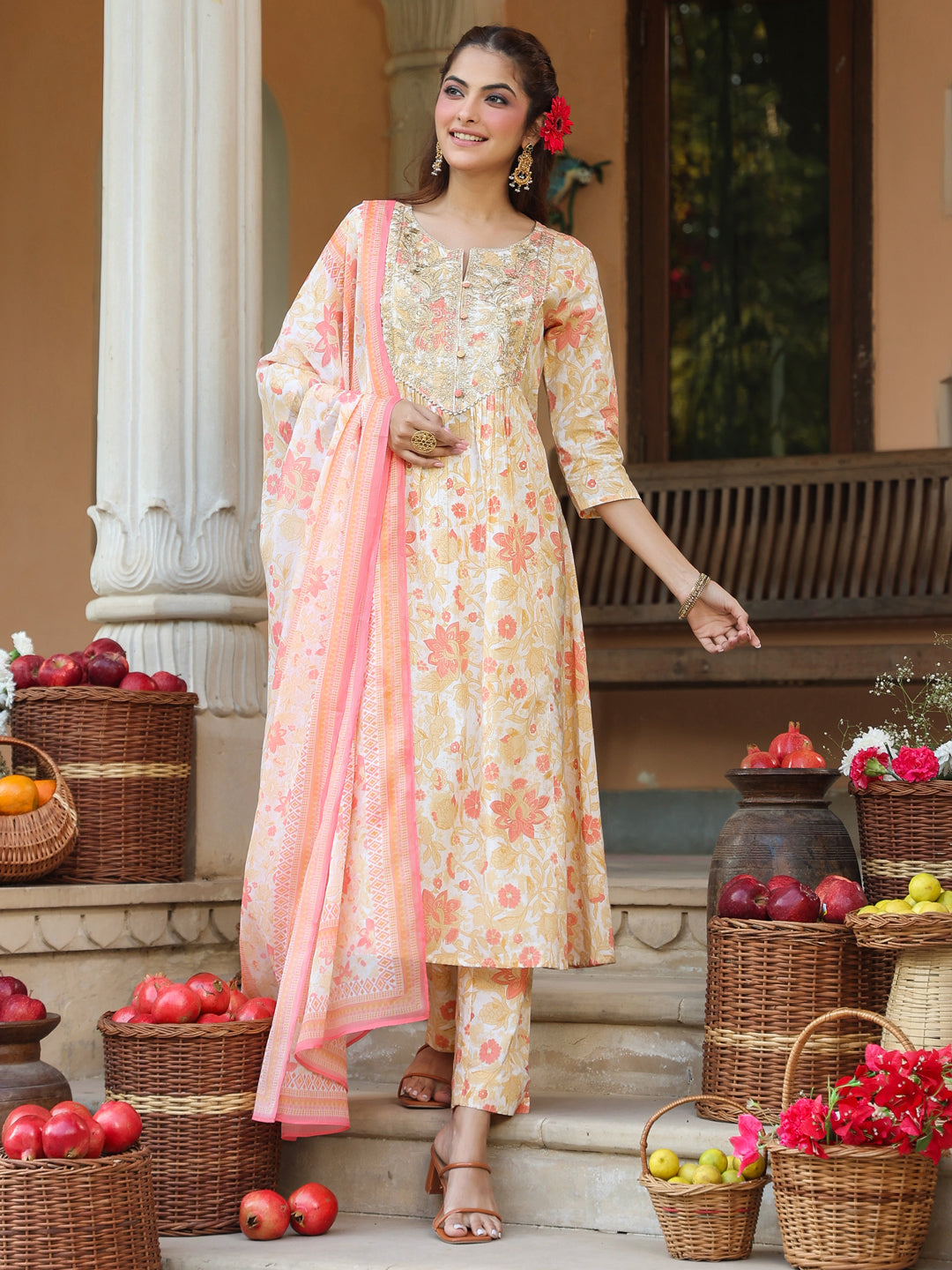 Janasya Women's Cream Pure Cotton Floral Printed Yoke Embroidered A-line Kurta Set - qivii