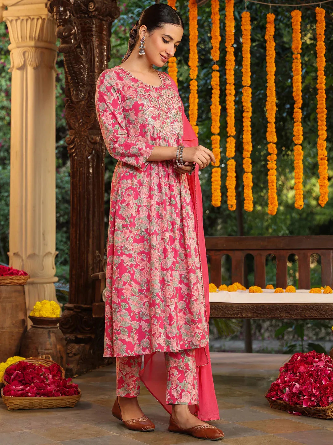 Janasya Women's Pink Pure Cotton Yoke Embroidered Floral Printed A-line Kurta Set