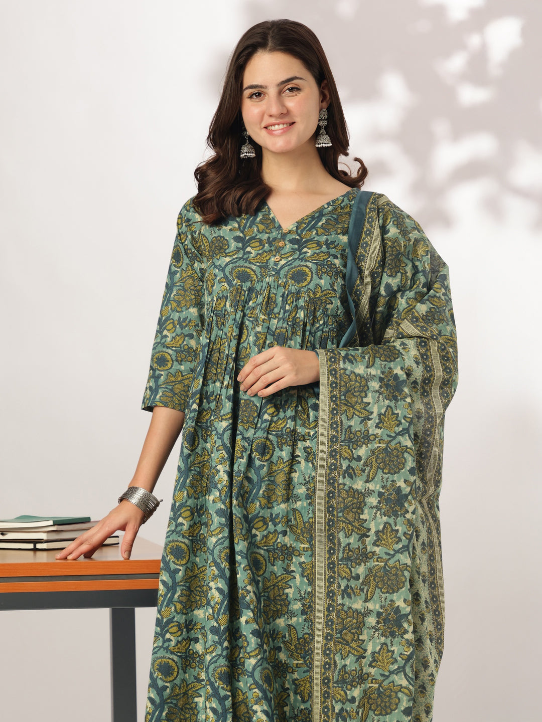 Sea Green Pure Cotton Floral Printed A-line Kurta Set - qivii