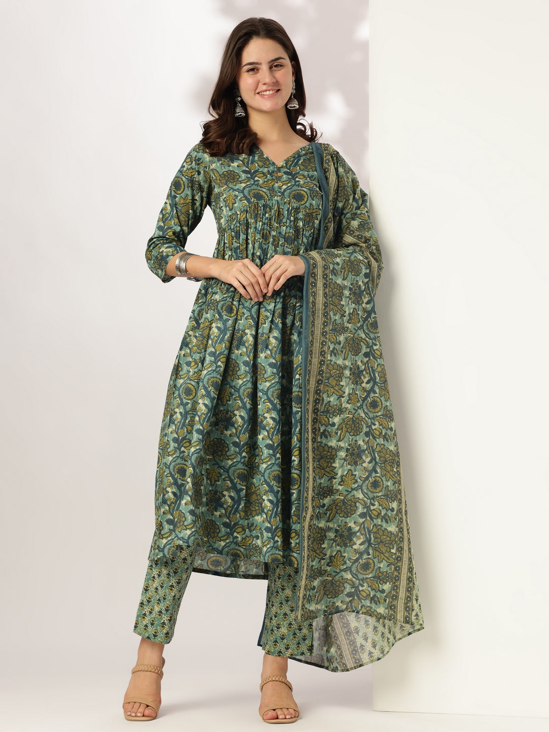 Sea Green Pure Cotton Floral Printed A-line Kurta Set - qivii