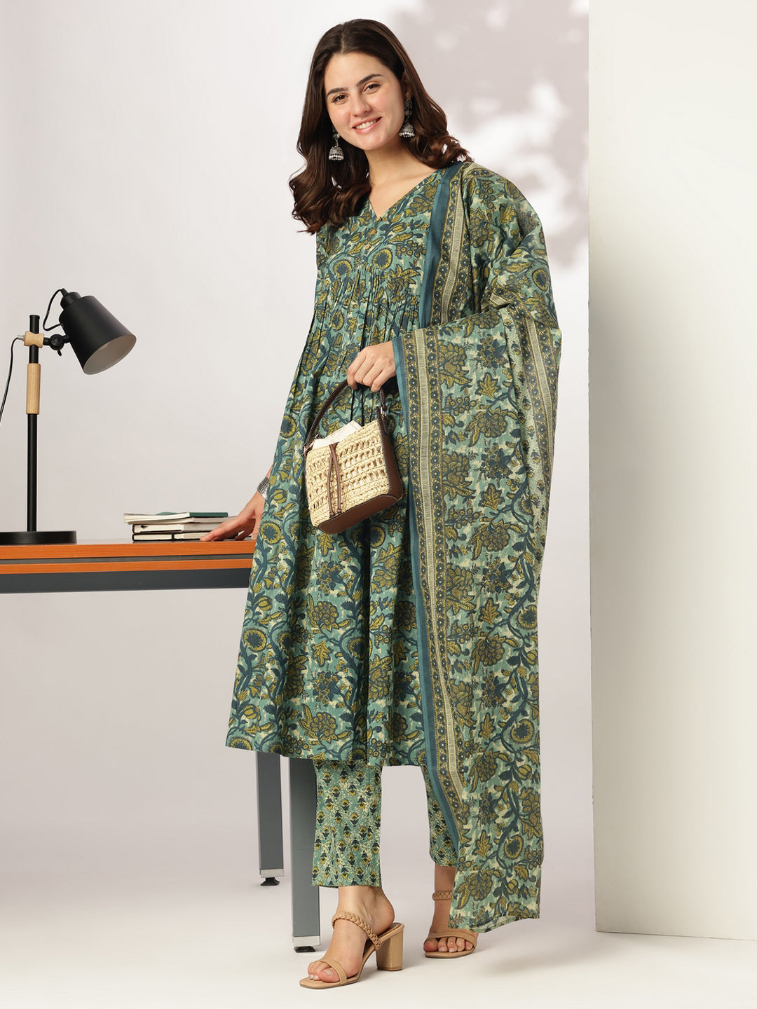 Sea Green Pure Cotton Floral Printed A-line Kurta Set - qivii
