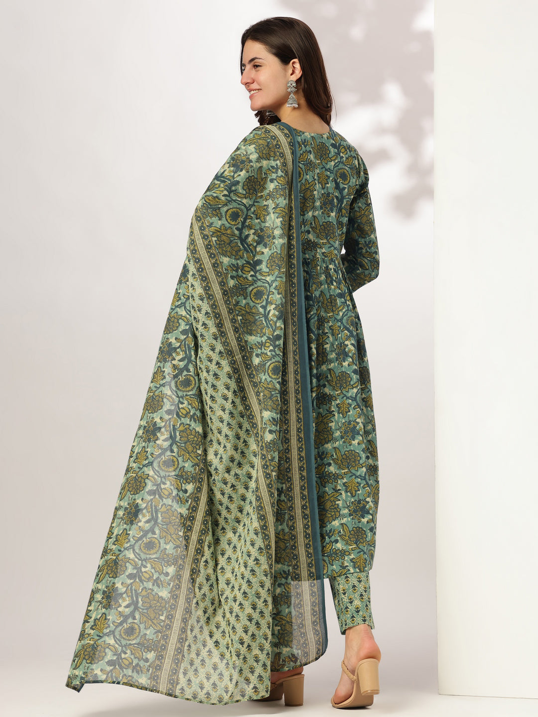 Sea Green Pure Cotton Floral Printed A-line Kurta Set - qivii