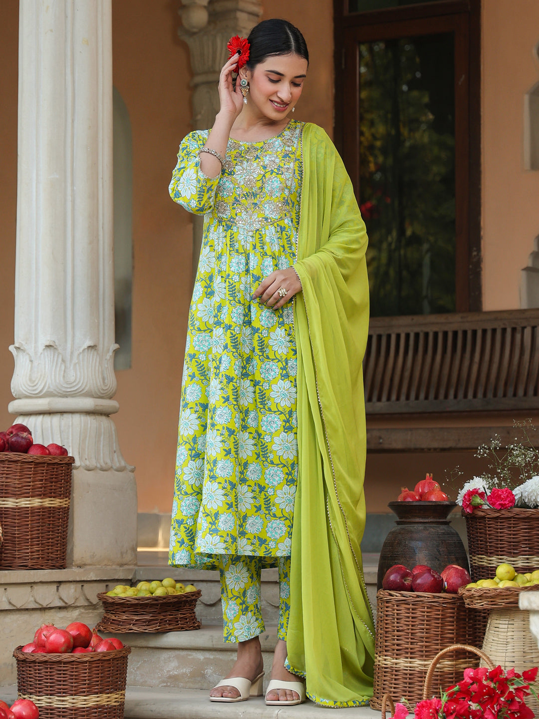 Janasya Women's Lime Green Pure Cotton Floral Printed Yoke Design A-line Kurta Set - qivii