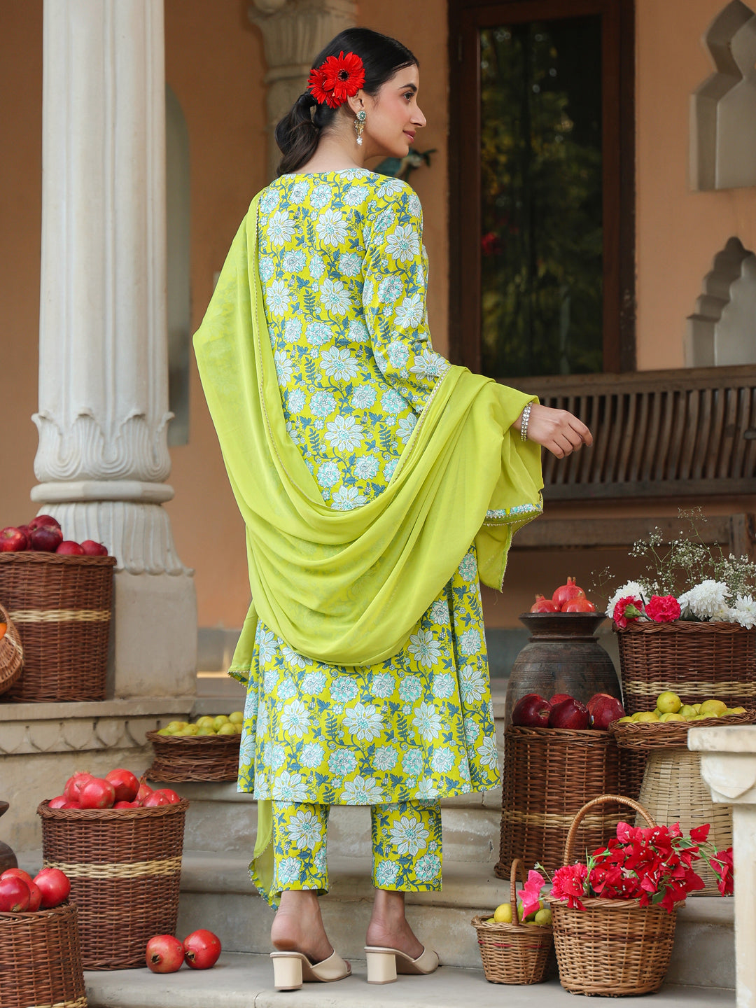 Janasya Women's Lime Green Pure Cotton Floral Printed Yoke Design A-line Kurta Set - qivii