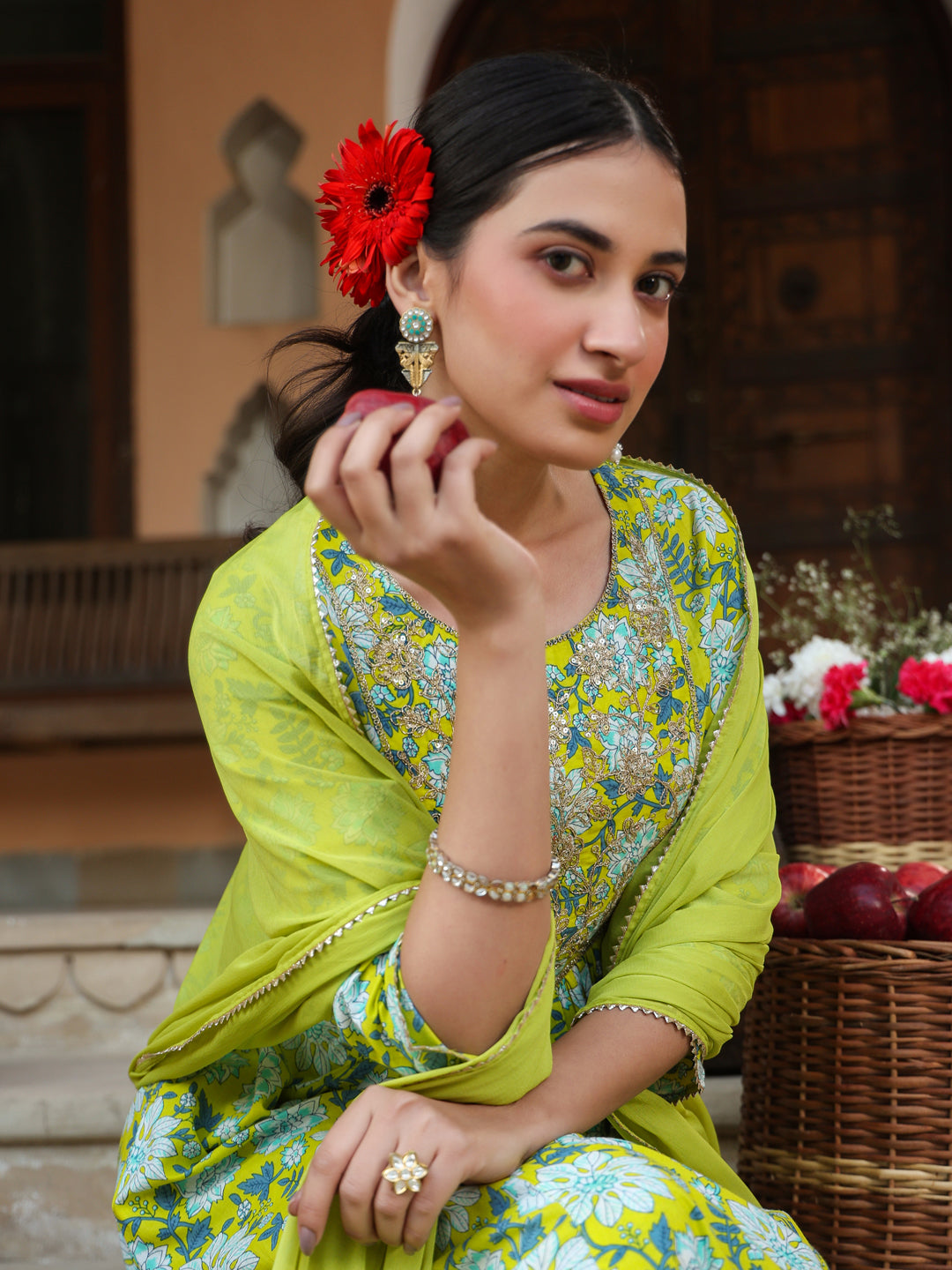 Janasya Women's Lime Green Pure Cotton Floral Printed Yoke Design A-line Kurta Set - qivii