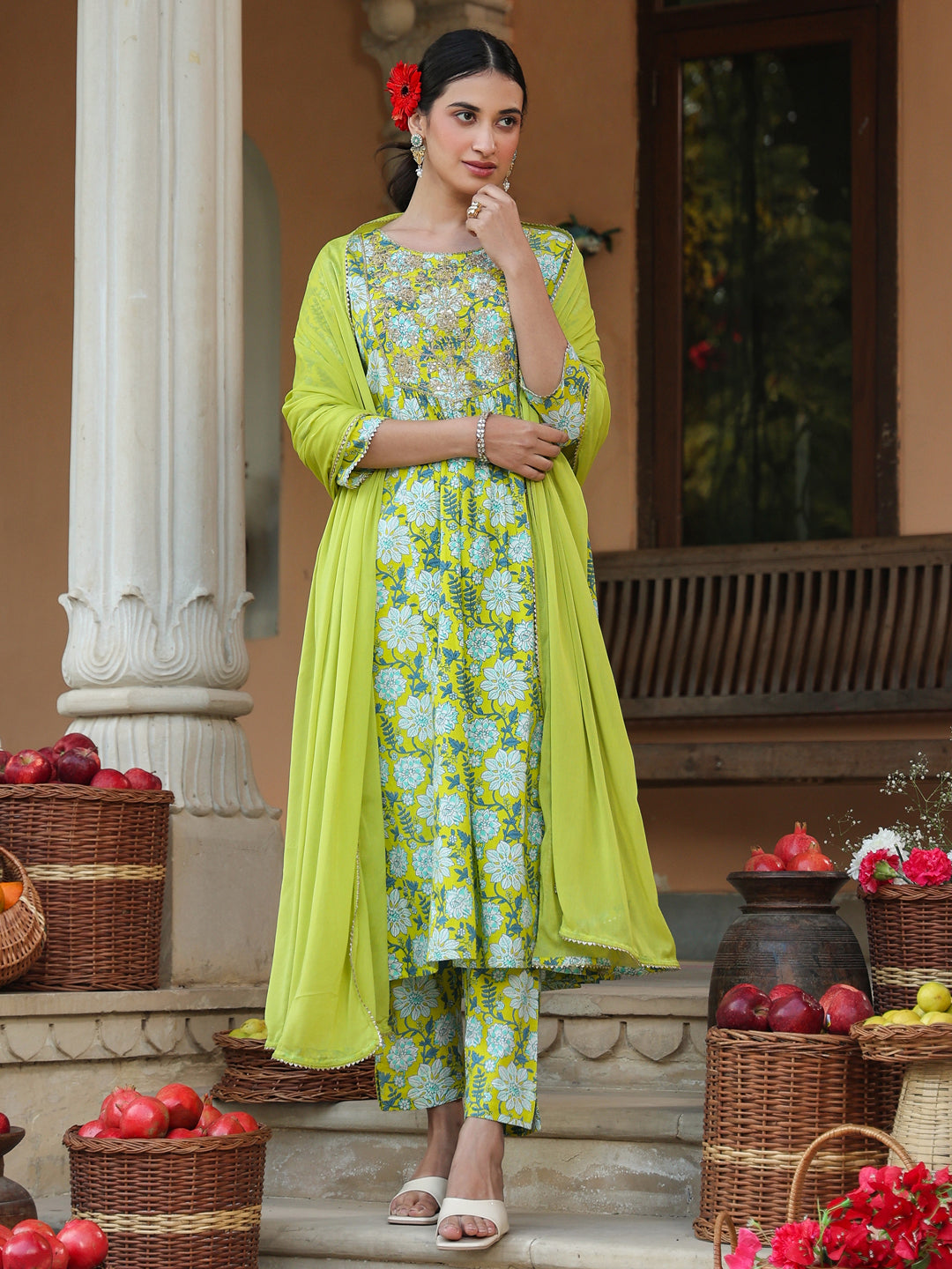 Janasya Women's Lime Green Pure Cotton Floral Printed Yoke Design A-line Kurta Set - qivii