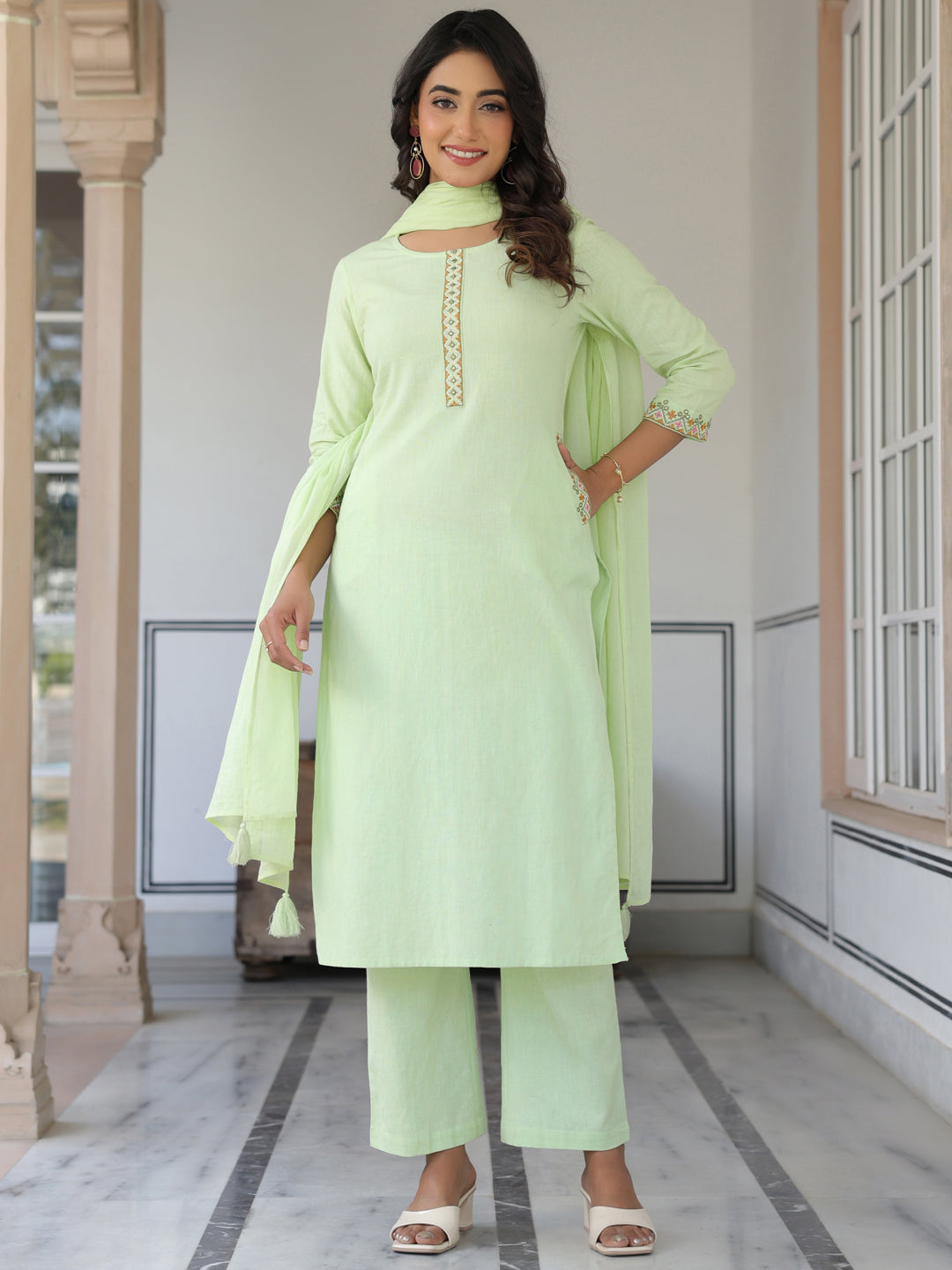 Janasya Women's Light Green Cotton Embellished Straight Kurta Set - qivii