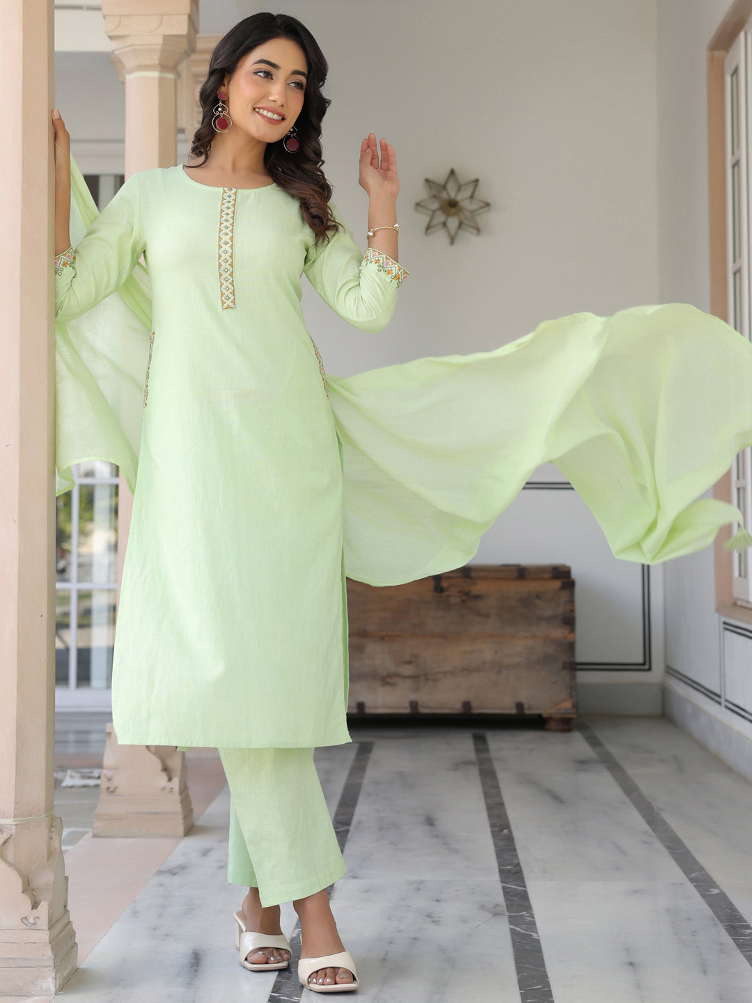 Janasya Women's Light Green Cotton Embellished Straight Kurta Set - qivii