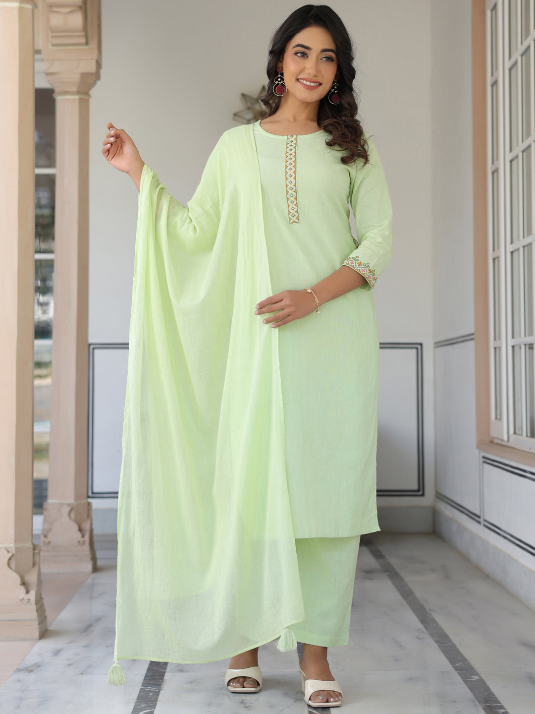 Janasya Women's Light Green Cotton Embellished Straight Kurta Set - qivii
