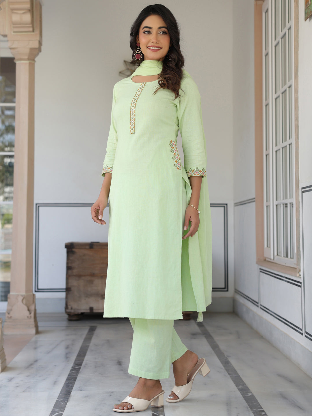 Janasya Women's Light Green Cotton Embellished Straight Kurta Set - qivii