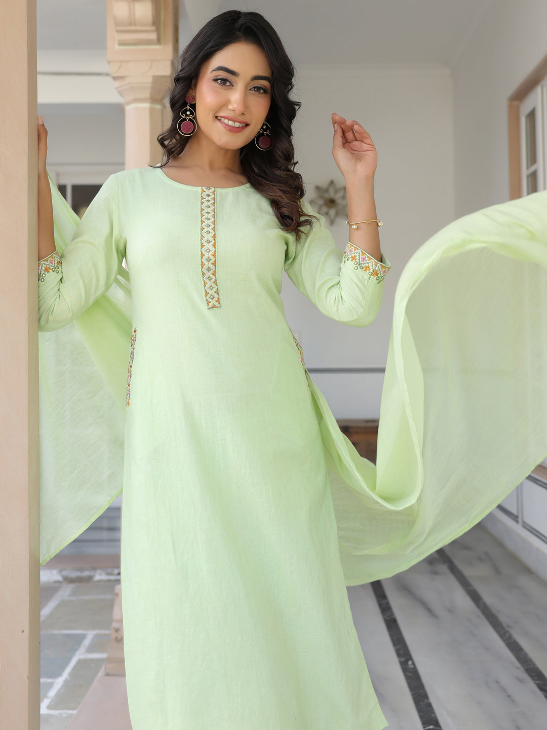 Janasya Women's Light Green Cotton Embellished Straight Kurta Set - qivii