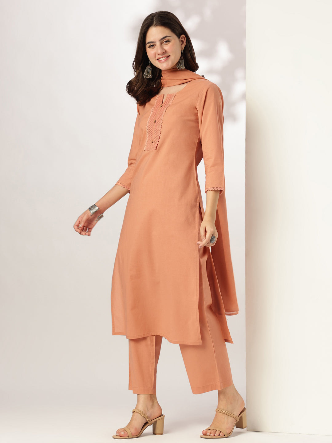 Rust Pure Cotton Solid Straight Kurta Set - qivii