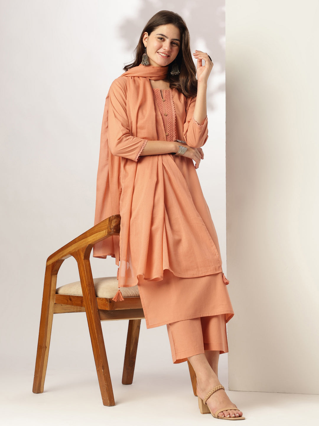 Rust Pure Cotton Solid Straight Kurta Set - qivii