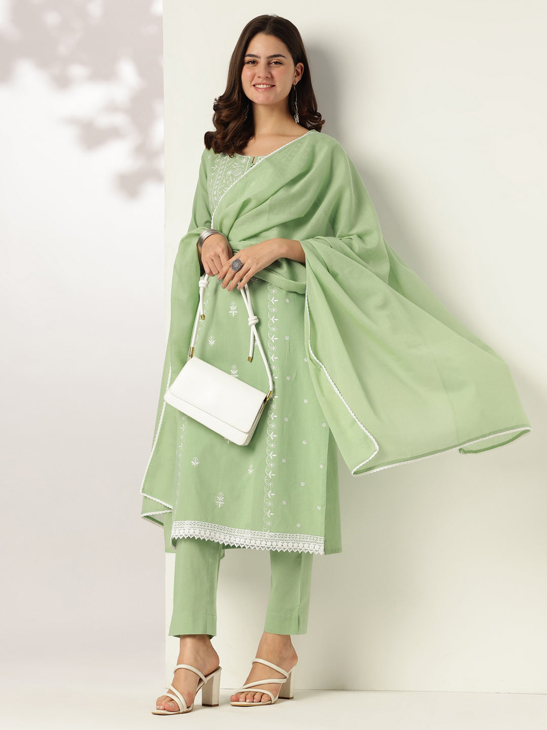 Janasya Women's Light Green Pure Cotton Embroidered Straight Kurta Set - qivii