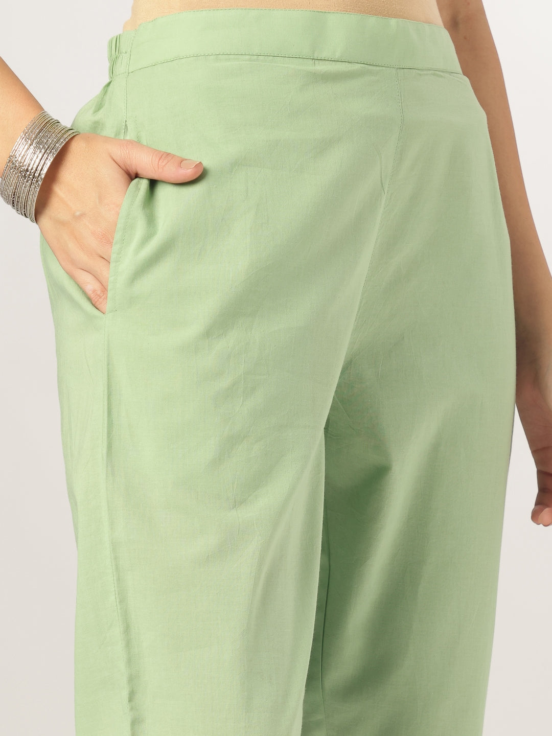 Janasya Women's Light Green Pure Cotton Embroidered Straight Kurta Set - qivii