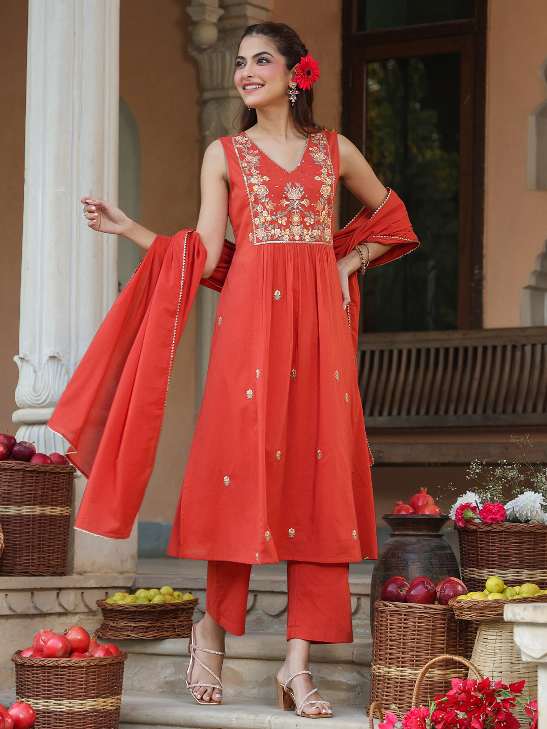 Janasya Women's Rust Pure Cotton Embroidered A-line Kurta Set - qivii