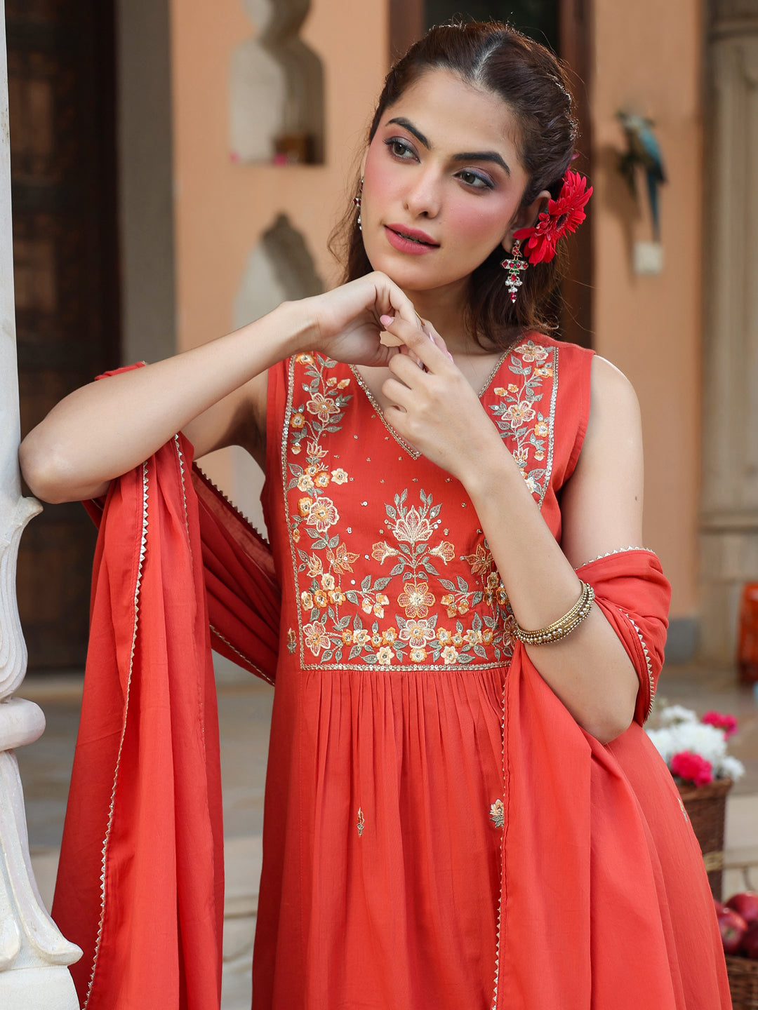 Janasya Women's Rust Pure Cotton Embroidered A-line Kurta Set - qivii