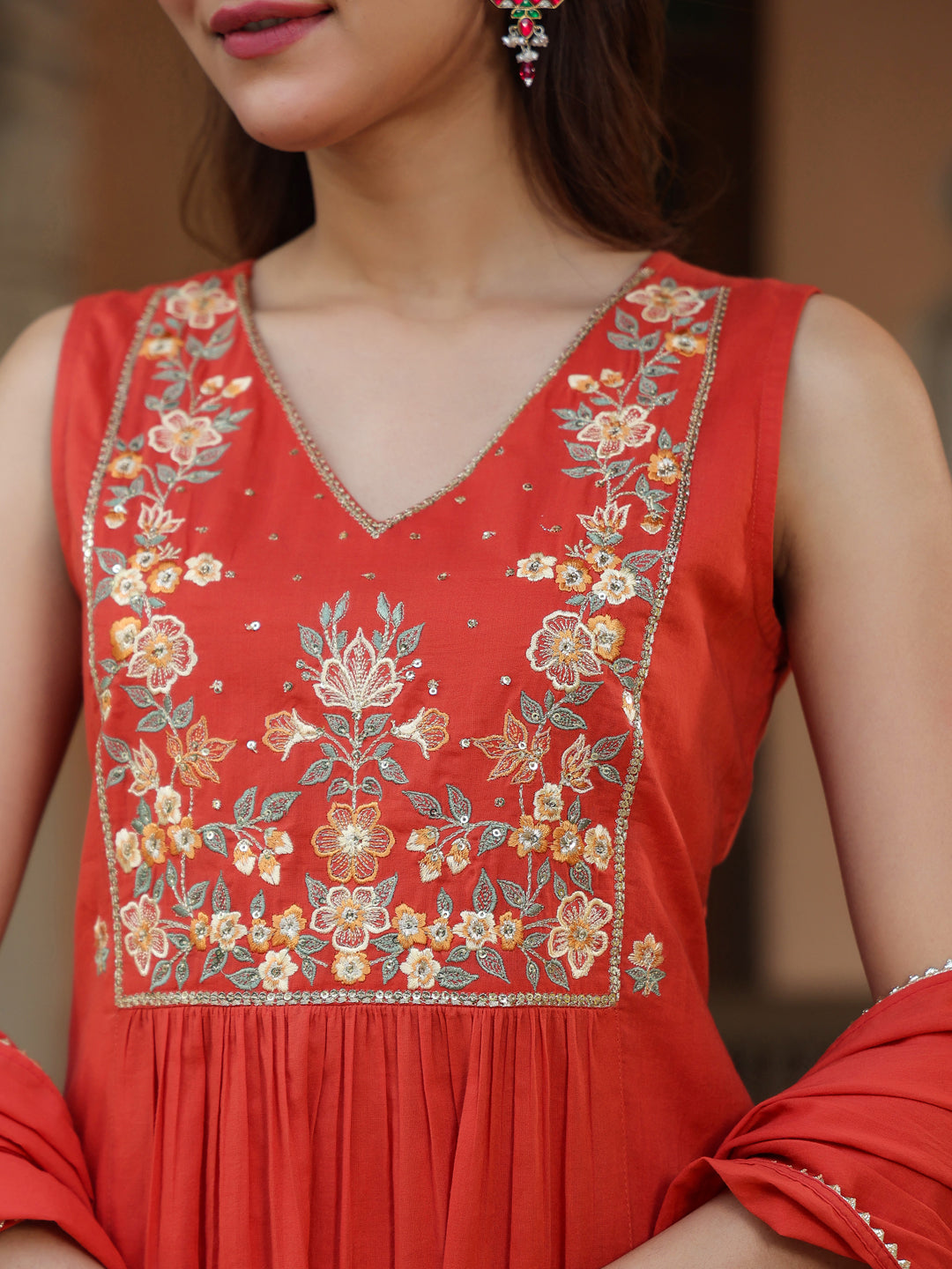 Janasya Women's Rust Pure Cotton Embroidered A-line Kurta Set - qivii