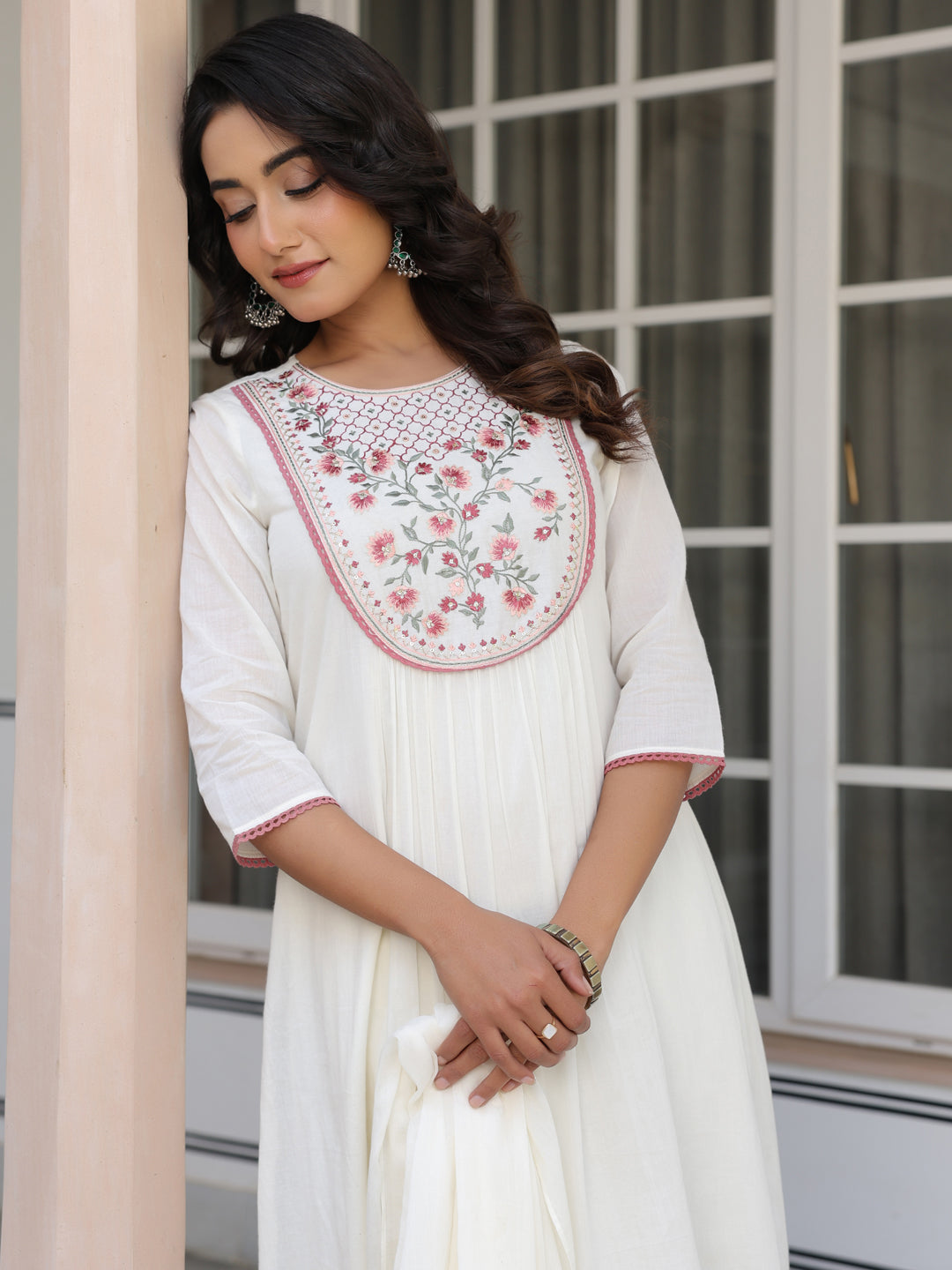 Janasya Women's Off White Pure Cotton Yoke Embroidered A line Kurta Set - qivii