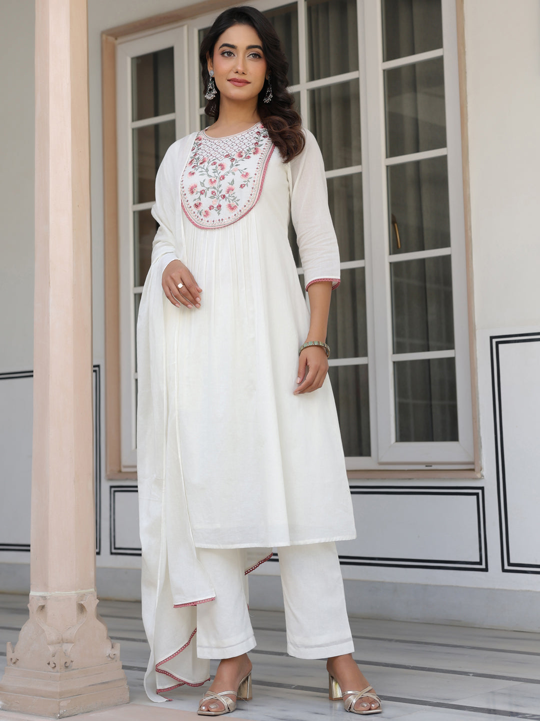 Janasya Women's Off White Pure Cotton Yoke Embroidered A line Kurta Set - qivii