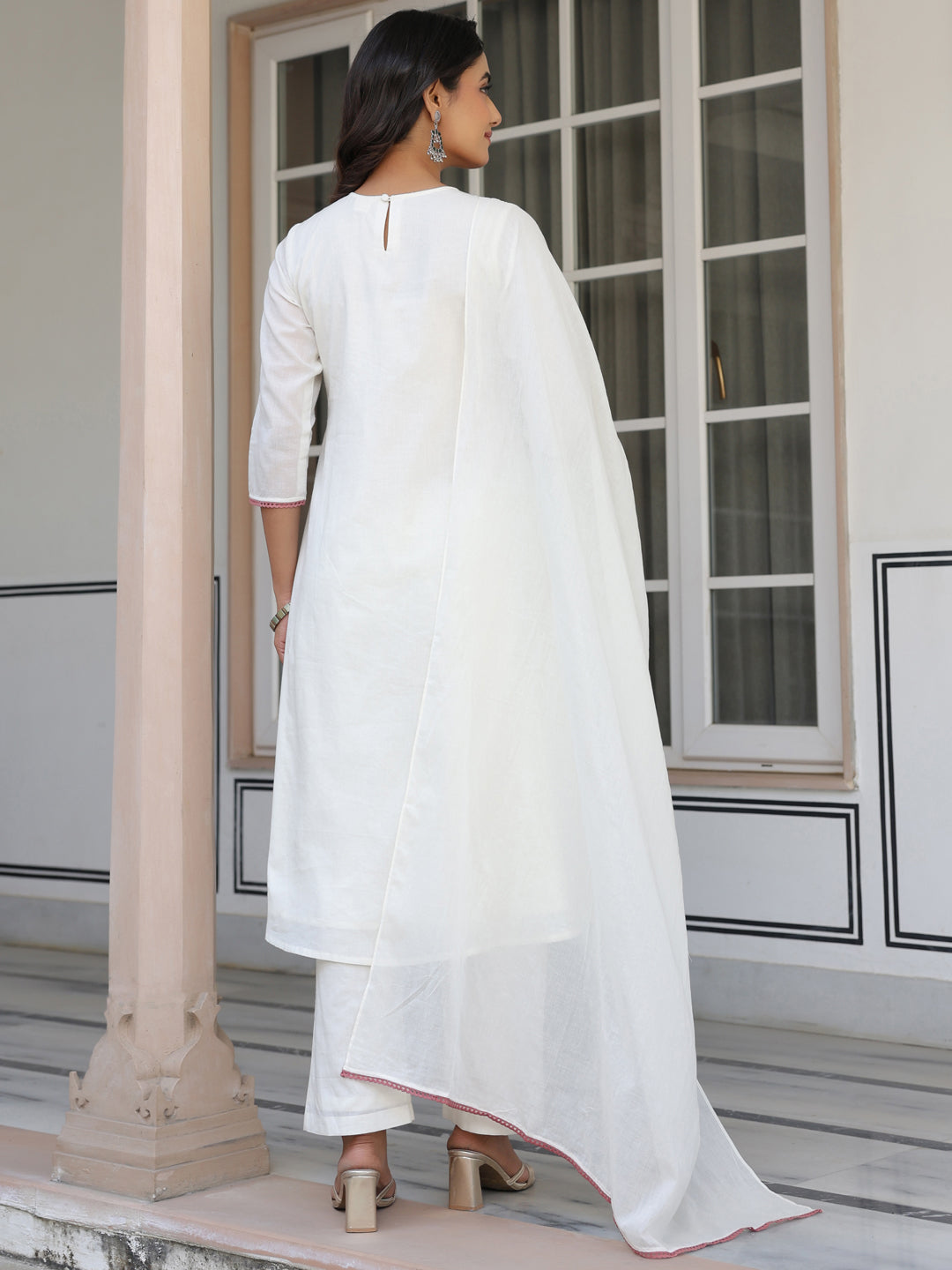 Janasya Women's Off White Pure Cotton Yoke Embroidered A line Kurta Set - qivii