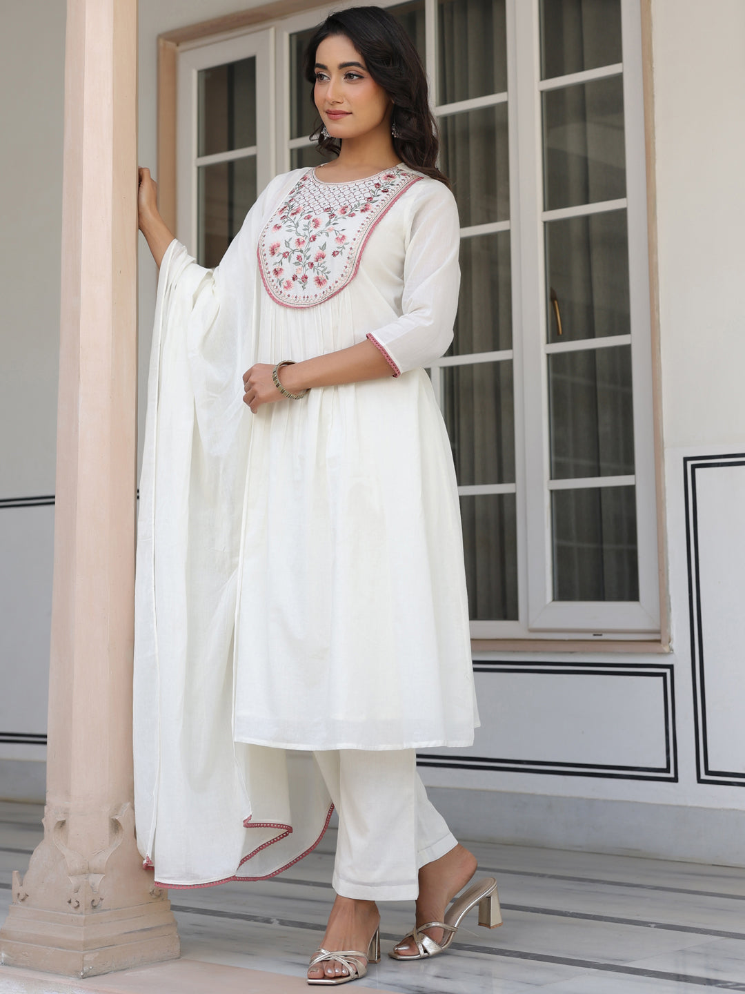 Janasya Women's Off White Pure Cotton Yoke Embroidered A line Kurta Set - qivii