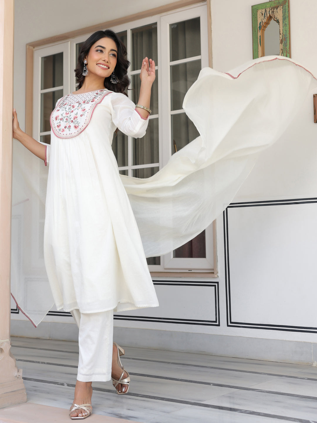 Janasya Women's Off White Pure Cotton Yoke Embroidered A line Kurta Set - qivii