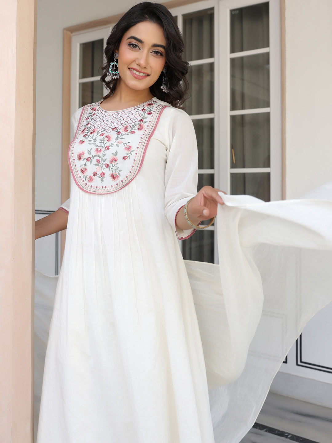 Janasya Women's Off White Pure Cotton Yoke Embroidered A line Kurta Set - qivii