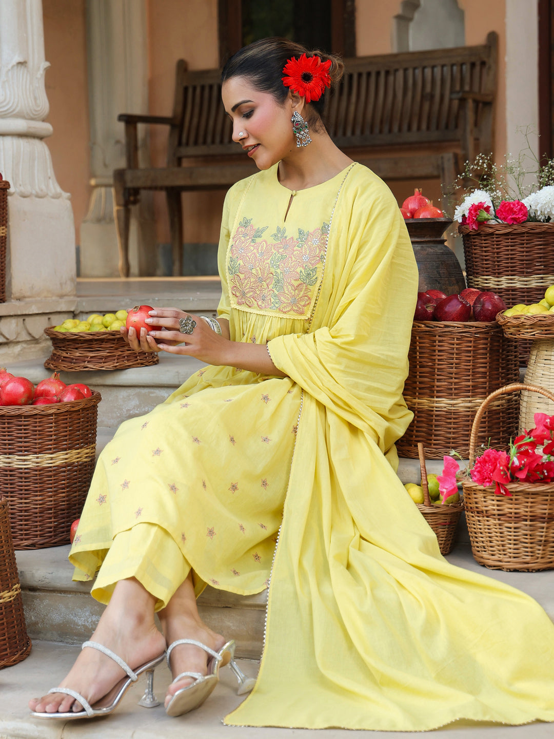 Janasya Women's Yellow Pure Cotton Embroidered A-line Kurta Set - qivii